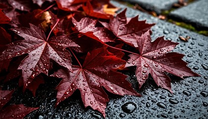 Red maple leaves with droplets on a wet stone surface. The scene captures the essence of autumn and nature's beauty.