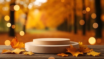 Wooden display stands on a table surrounded by autumn leaves. Soft bokeh lights create a warm, inviting atmosphere in a fall setting.
