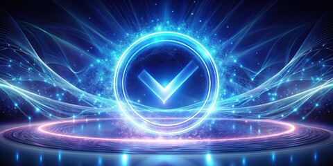 Fototapeta premium Abstract Futuristic Digital Checkmark Symbol Illuminated in Glowing Neon Circle on Dark Background with Energetic Light Trails