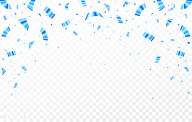 Falling blue confetti and circles isolated on transparent background. Holiday vector illustration.