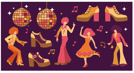 Disco Dance Party Illustration &ndash; Retro 70s Fashion, Moves & Platform Shoes