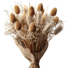 Dried flower bouquet beige brown tan grasses and blossoms burlap wrapping