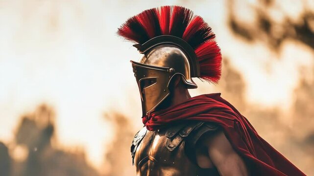 Majestic spartan warrior with red cape in golden armor walking at sunset