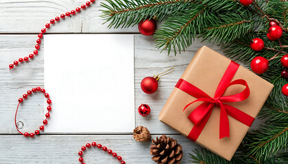 A festive arrangement featuring a gift box with a red ribbon, pine branches, red ornaments, and a blank card on a wooden surface.
