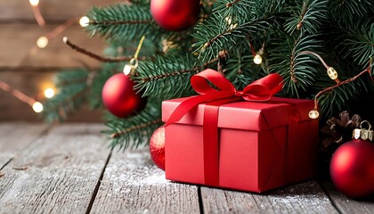 A red gift box with a ribbon sits on a wooden surface near a Christmas tree adorned with red ornaments and fairy lights.