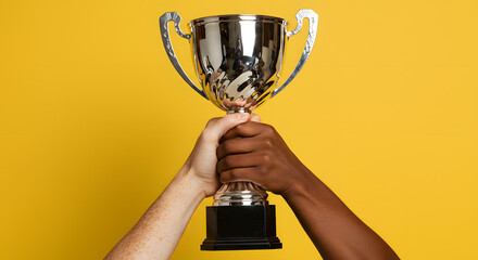 Two hands reaching up from the bottom of the frame, holding a shining silver trophy against a pure yellow background, emphasizing victory and achievement