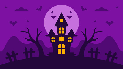 Vector illustration of a scary Halloween background in purple with bats