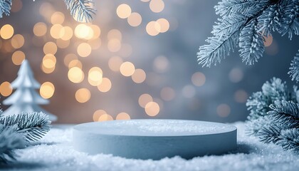 A snowy scene with a circular platform surrounded by frosted pine branches. Soft bokeh lights create a warm, festive atmosphere.