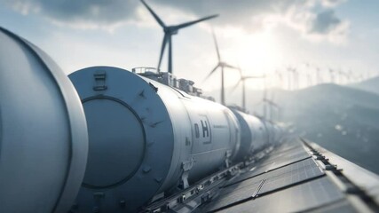 Harmony of Energy and Transport: A train carrying storage tanks for liquid hydrogen glides along solar panels. Wind turbines stand in the background. - Powered by Adobe