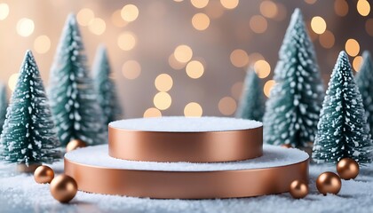 A winter scene with two circular platforms in copper color, surrounded by snow-covered evergreen trees and golden ornaments. Soft bokeh lights in the background create a festive atmosphere.