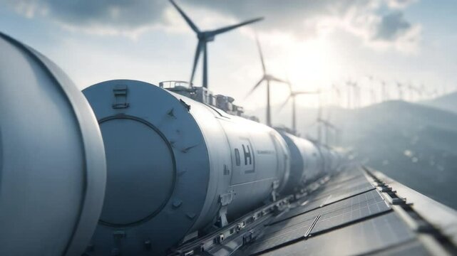 Harmony of Energy and Transport: A train carrying storage tanks for liquid hydrogen glides along solar panels. Wind turbines stand in the background.