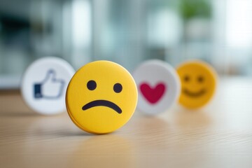 Sad emoji face with social media icons on wooden desk