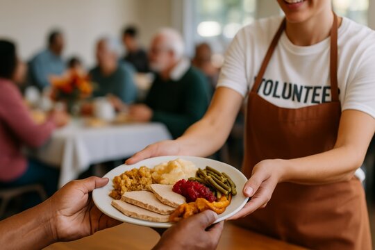 Volunteer serving Thanksgiving meal to community members at a soup kitchen