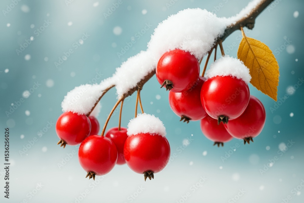 Poster bright red winter berries on snowy branch with single yellow leaf against soft blue background with 