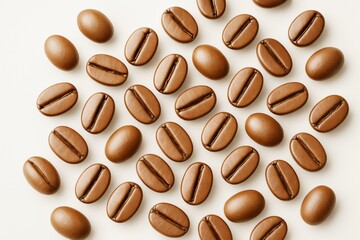 Obraz premium Seamless pattern of chocolate coffee bean candies scattered on a light background, showcasing a creative food concept in a minimal style.