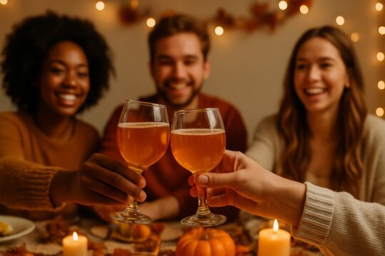 Friends toasting with beer at festive autumn gathering with warm lighting