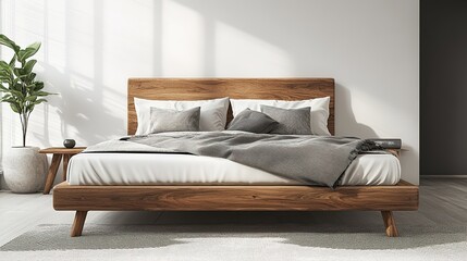 Minimalist bedroom with a wooden bed, gray and white bedding, a potted plant, and soft natural light casting shadows on a plain white wall.