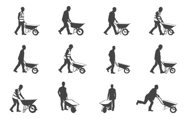Construction worker and wheelbarrow svg, Construction worker and wheelbarrow silhouette, Worker with wheelbarrow silhouette, Worker with wheelbarrow svg, Wheelbarrow svg.