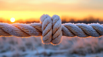 Frost-covered rope tied to a weathered fence post at sunrise, symbolizing resilience, nature’s quiet beauty, early morning chill, rustic life, and the passage of time with soft warm light.

