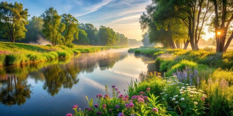 Obraz premium Serene Sunrise Over a Misty River, Reflecting Lush Greenery and Vibrant Wildflowers in a Peaceful Meadow