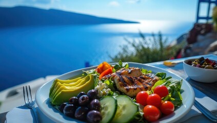 Delicious and Healthy Chicken Salad with Avocado Overlooking the Sea