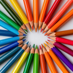 Fototapeta premium Colorful Pencils Arranged in a Circle on White Background