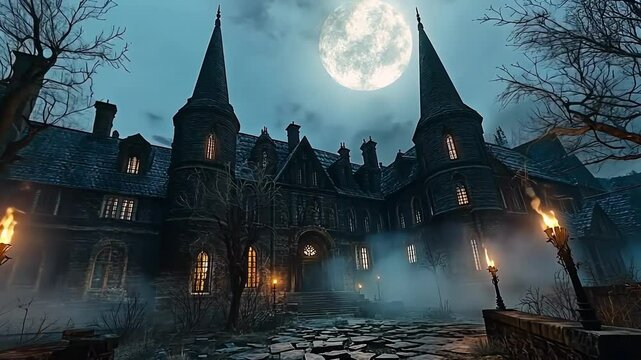 Spooky gothic castle under full moon and misty trees  
