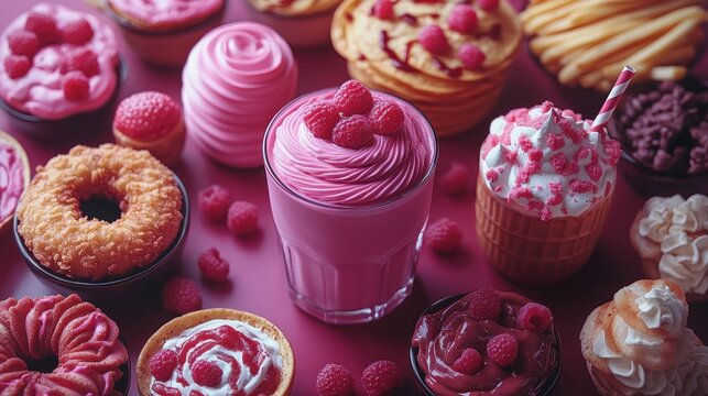 Pink raspberry desserts and drinks; milkshake, donuts, pastries, fries, ice cream, and more.