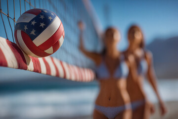 Dynamic beach volleyball match with friends and American themed ball at Independence Day