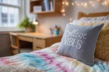 Cozy dorm room with bright mismatched bedding and desk for college inspiration