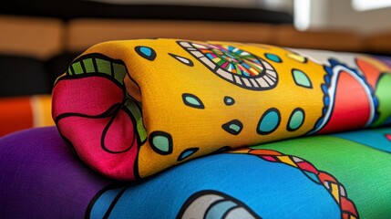 Close Up of Rolled Colorful Fabric with Vibrant Artistic Patterns