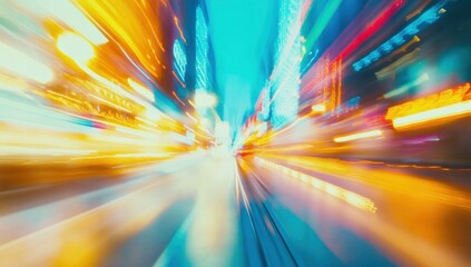 Blurred motion city street lights at night create an abstract view