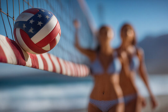 Dynamic beach volleyball match with friends and American themed ball at Independence Day