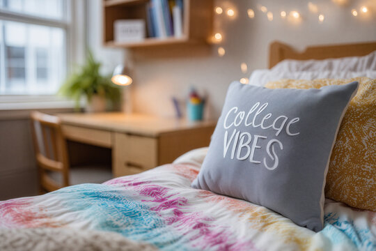 Cozy dorm room with bright mismatched bedding and desk for college inspiration