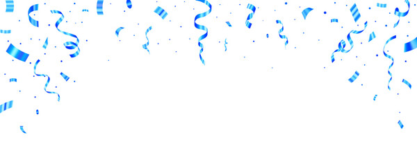 Blue confetti and ribbon celebration design for holiday events on white background.