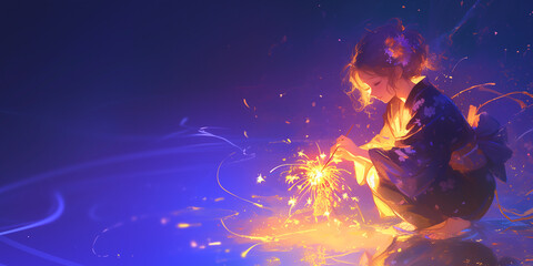 花火をする女の子、女性、水彩画、イラスト、バナー素材。