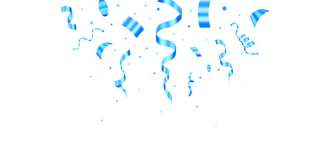 Realistic falling blue confetti decoration isolated. Blue confetti and ribbons on white background celebration design.