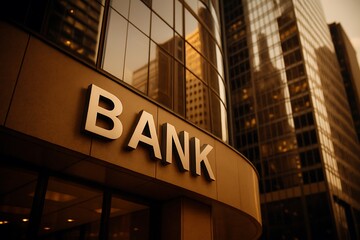 Obraz premium City bank entrance, golden hour. Modern, reflective buildings