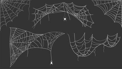 Spiderweb corner line white border, gothic scary hanging net frame on dark background. Simple spooky halloween decoration. Cobweb spider trap.