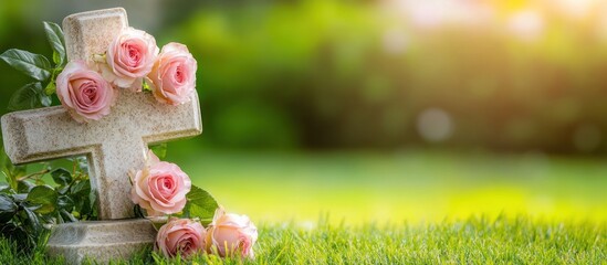 Stone cross adorned with pink roses in a peaceful garden setting, symbolizing remembrance and eternal love