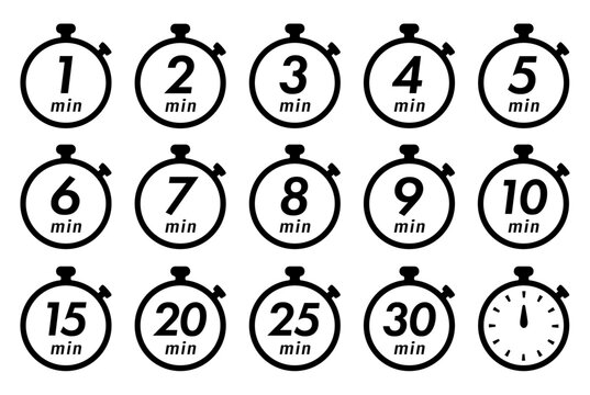 残り時間を表示するタイマー/ストップウォッチ/時計のアイコンイラストデザインセット(timer clock stopwatch 1min 2min 3min 4min 5min 6min 7min 8min 9min 10min 15min 20min 25min 30min 残り時間 シンプル アイコンイラスト ベクター 編集可能)