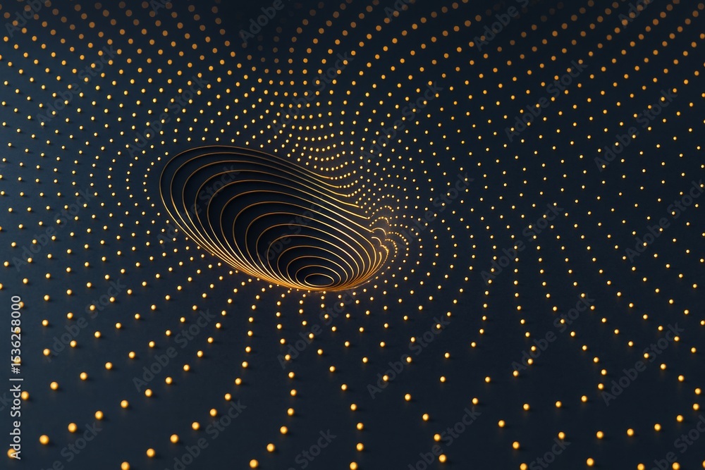 Poster Abstract dark background with swirling golden dots forming a vortex pattern in a modern digital light graphic composition. Ai generative.