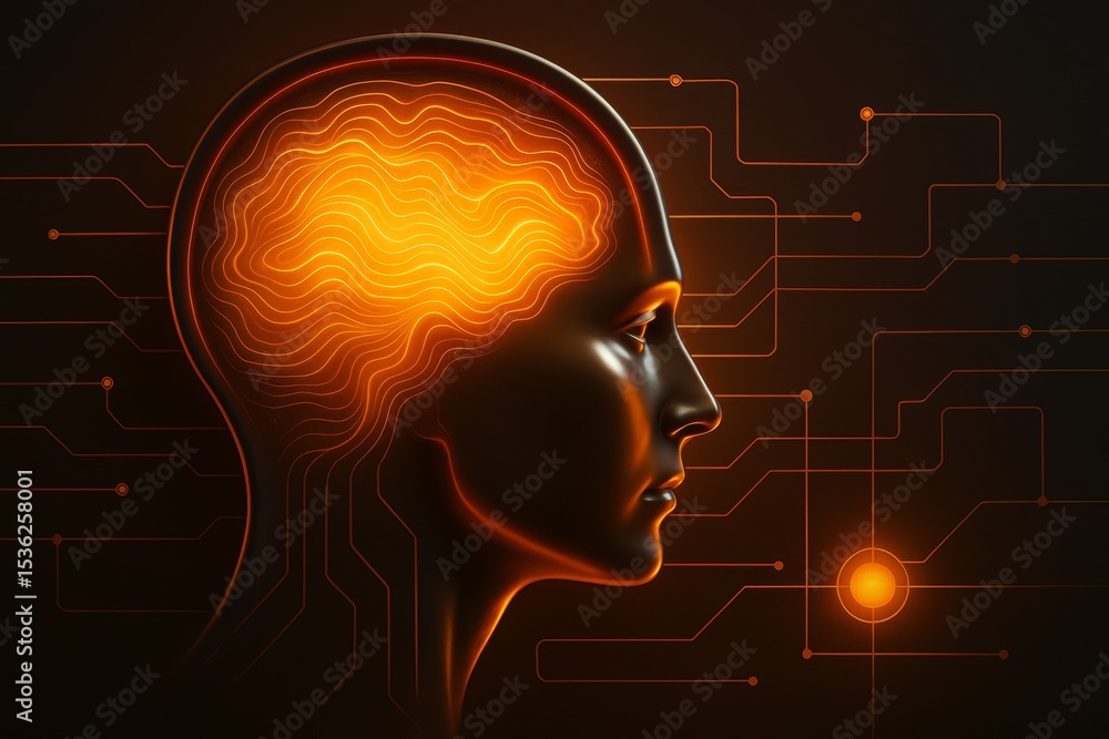 Aufkleber Human head with glowing brain and circuit lines on dark background, showing connection between mind and technology in creative graphic style.