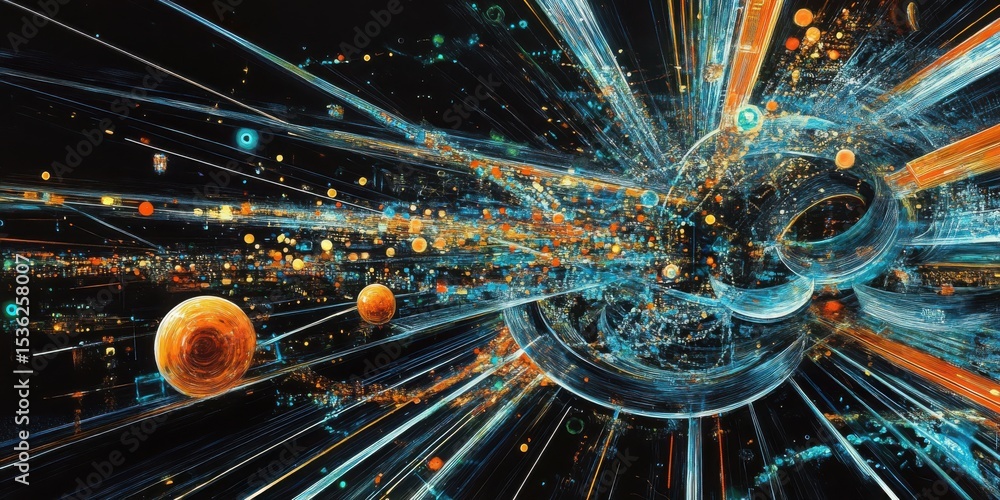 Poster abstract digital art depicting interconnected networks and data flow in a futuristic cityscape