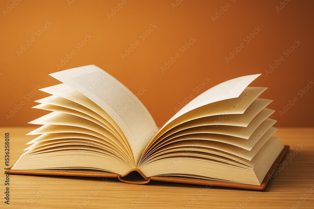 Aufkleber open book with turning pages on wooden table against warm orange background in soft light, creative 