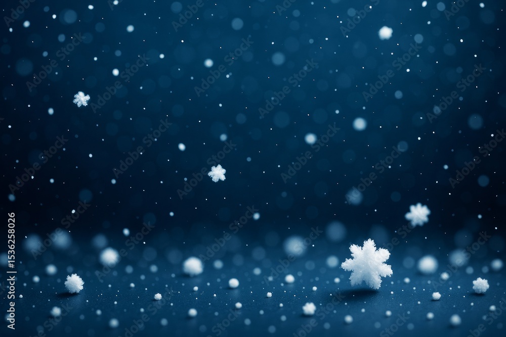 Poster Falling snowflakes on a dark blue background with soft bokeh light effects creating a dreamy winter atmosphere for seasonal graphic design concepts.