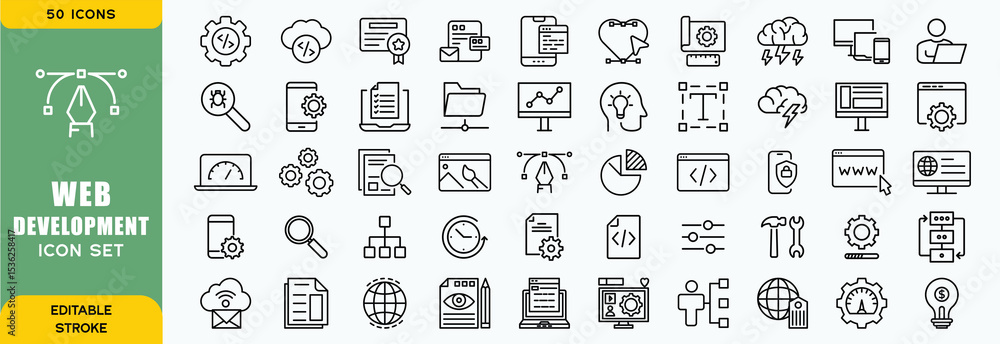 Poster set of 50 outline web development icons related to software. linear icon collection. editable stroke