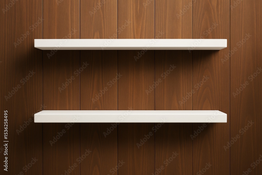 Poster minimalist white shelves on wooden wall background for product display or branding mockup concept wi