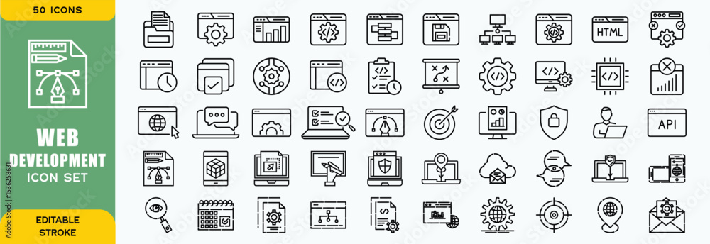 Poster set of 50 outline web development icons related to software. linear icon collection. editable stroke