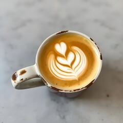 The same latte art poured again into a chipped mug.